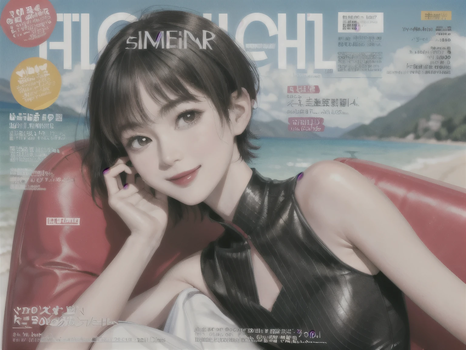 234 20-year-old female, short hair, Summer travel magazine, A kind smile, lipstick, Photo quality