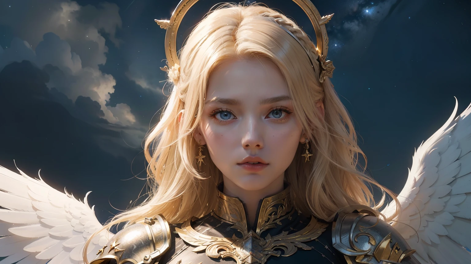 (16K Ultra Detailed Masterpiece: 1.3), Intense details of a female Aasimar Paladin, Holy Warrior in a dark fantasy cemetery. Her large, white angelic wings are spread in a victorious pose, illuminated by the soft glow of moonlight, stars, and clouds. She is clad in immaculate white armor (Masterpiece 1.3, Intense Details), adorned with a holy symbol. Armed with a gleaming sword, her short, golden blond hair is styled in a masculine cut, framing a detailed face filled with determination. Her features are carefully crafted to be anatomically correct (Masterpiece 1.