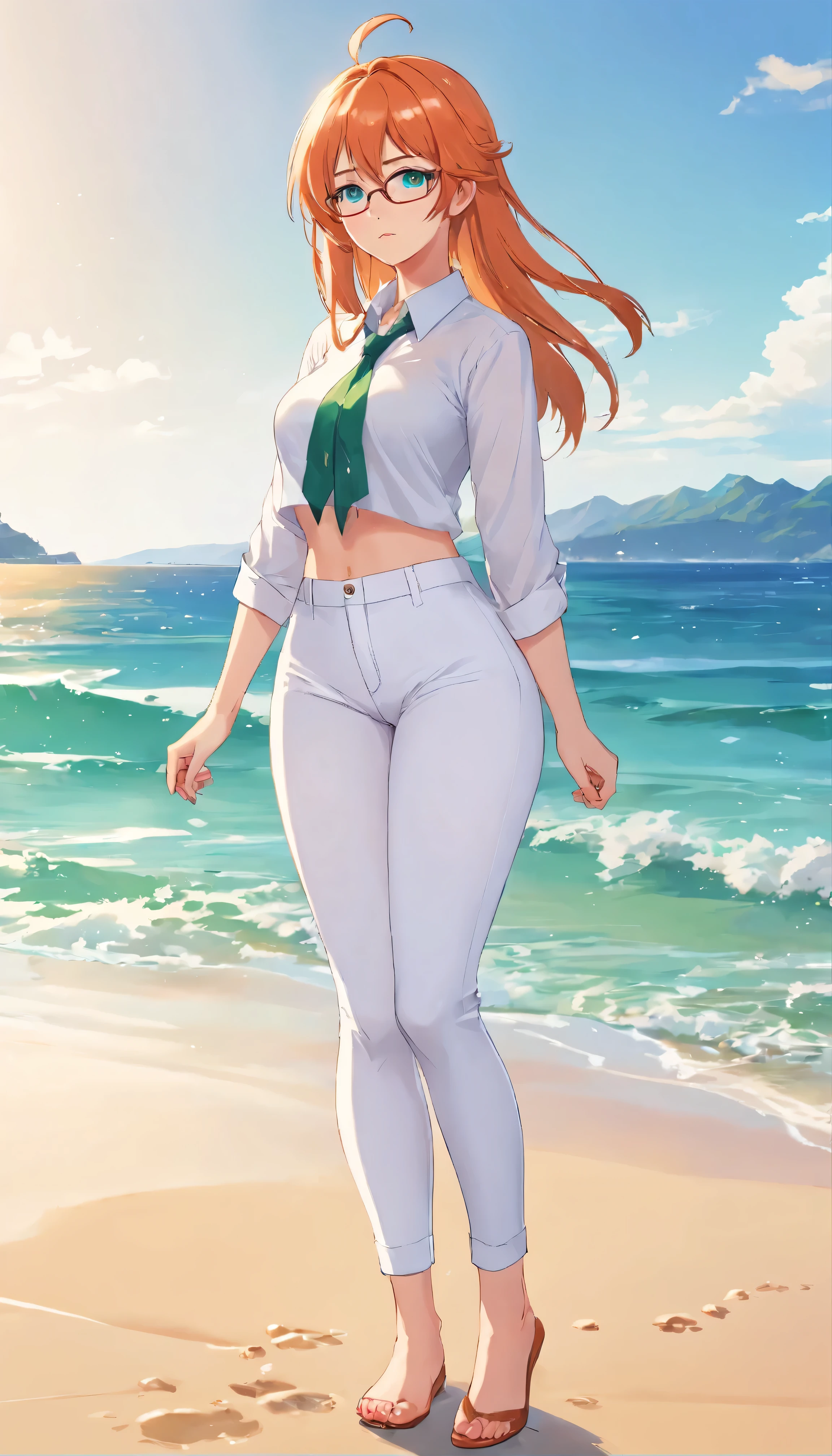 (masterpiece, Best quality), 8K, ultra detailed, realistic photo, Detailed face, perfect lighting, green eyes, bright orange hair, bright hair, fox ears, nice legs, side photo, beautiful, Cute, skin pores, 1 girl, perfect shirt, fully dressed, beautiful women 30 years old, Beautiful proportions, Russian woman, Caucasian, European, Business lady, stunningly beautiful woman, mother, thick legs, show ass, big breasts, (Thin white shirt:1.4), thick, hot, (White Office Wear:1.4), tight pants, (wide hips:1.2), thick, (white Office pants:1.3), spread your legs, Legs open, full length, wide hips, Glasses, with long orange hair, standing on the beach near the ocean, green eyes detailed digital anime art, cat ear, anime girl with long hair, гладкое аниме cg art, anime girl with long hair, digital anime art, work in Guweiz style, Beautiful anime portrait, Photorealistic render of an anime girl, pantyhose, Beautiful anime girl, advanced digital anime art, guweiz на artstation pixiv HD UHD HQ
