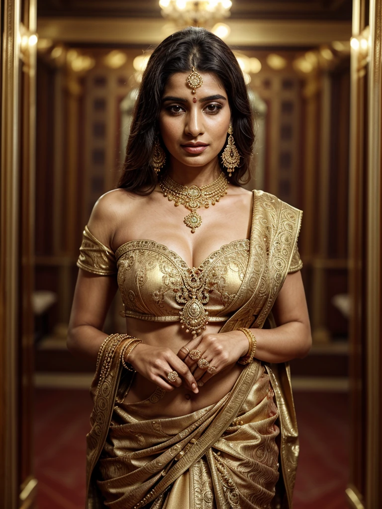 a woman in a sari and jewellery poses for a picture, gold jewellery, heavy gold jewellery, wearing gold jewellery, golden jewellery, intricate set, wearing elegant jewellery, intricate jewellery, gold jewelry, intricate gold jewlery, elaborate gold jewelry, traditional beauty, ornate and intricate jewelry, wearing intricate, intricate thin details in gold, elaborate ornate jewellery, intricate jewelry