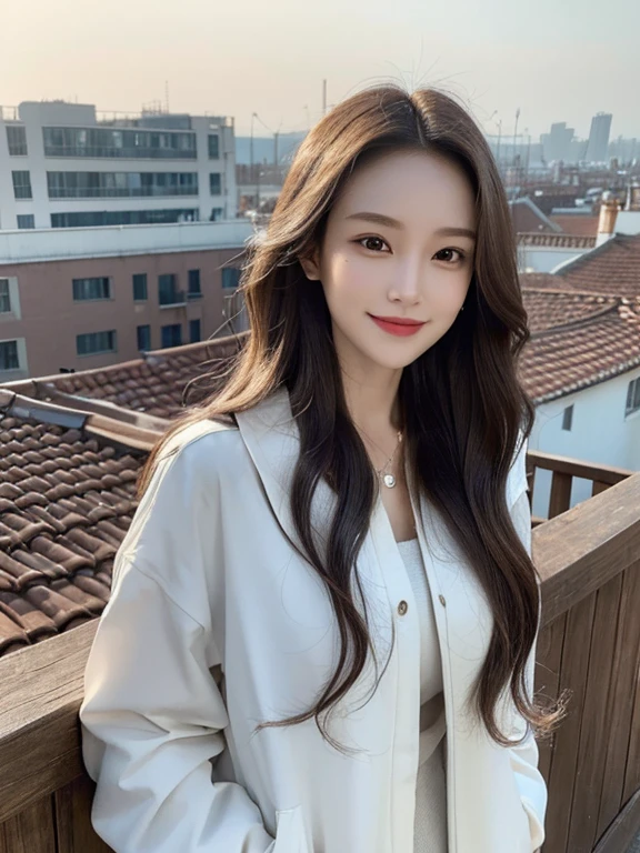 masterpiece, highest quality, High resolution,alone,Brown,artistic,Best lighting,casual,Flat Chest,Beautiful Face,expensive,smile,light makeup,Age 22,Calm woman,Detailed Hair,Woman with a big smile,Face Focus,Forehead,Wavy Hair,A woman wearing a blouson,Very white skin,Thin eyebrows,rooftop,outside