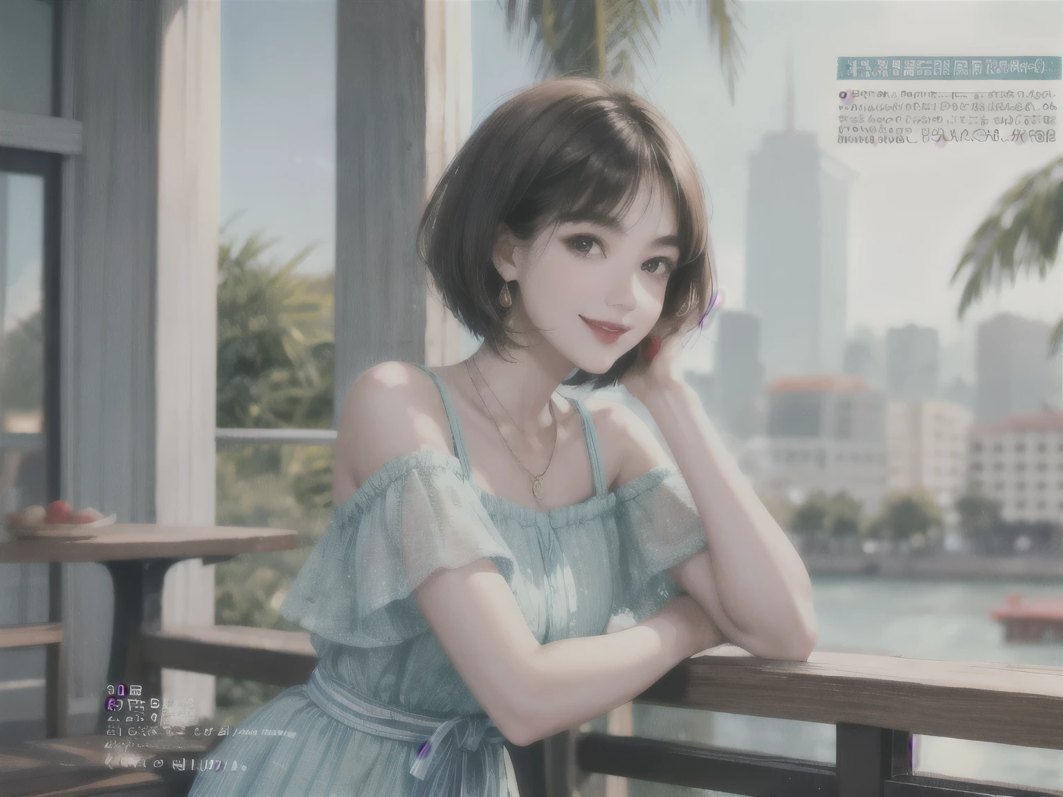234 20-year-old female, short hair, Summer travel magazine, A kind smile, lipstick, Photo quality