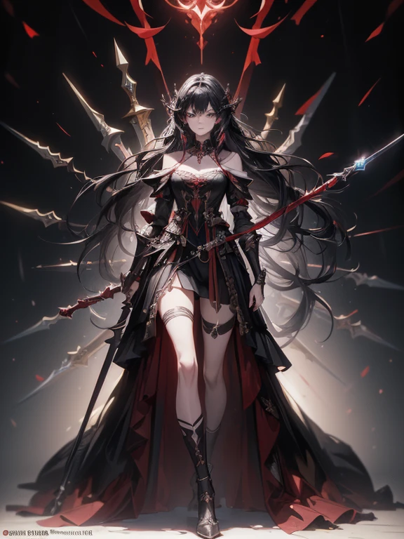 (((masterpiece, best quality, high detailed, 8k))) Design a layout showcase Gaming character, (1girl). Red|Black clothes, stylish and unique. ((showcase weapon:1.4)), enchanted sword. (masterpiece:1.2), (best quality), 4k, ultra-detailed. (Step by step design, layout art:1.5), (luminous lighting, atmospheric lighting). warrior, ((glove full hands)), (((revealing clothes:1.3))), vambraces, armored legwear, (((full_body_shot:1.4))). {In a mystical forest}.