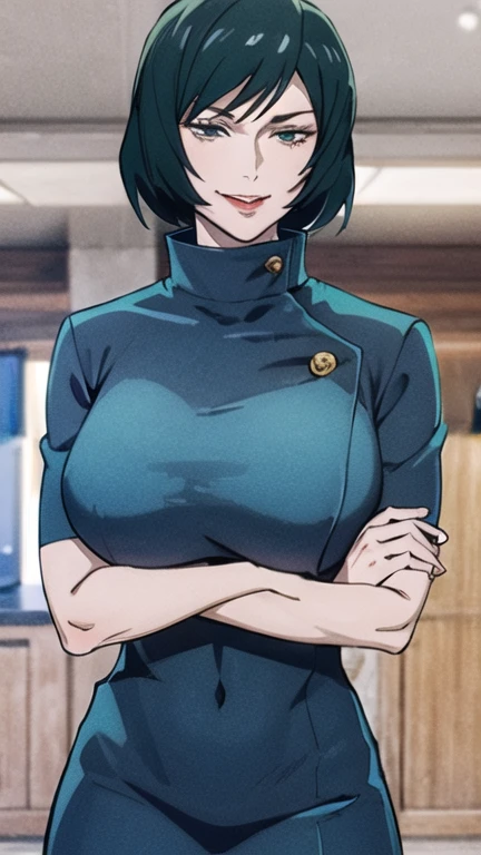 Maki Zenin, bra, evil smile, big chest, big ass, dark green hair