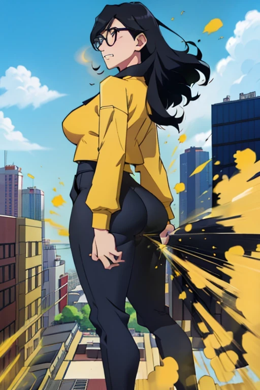 Hizuruminakata, wearing default outfit, black outfit, default hair, black hair, farting, fart, yellow fart, massive fart, velocity, yellow smoke, tall body, clenching teeth, rooftop