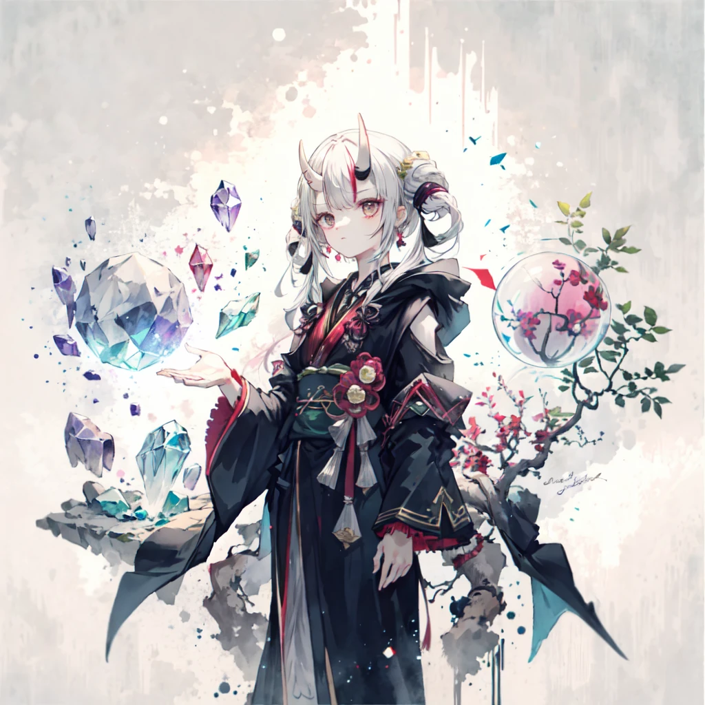 Cold shades,Girl with horns,Wearing a black robe,fortune teller,Crystal ball in the palm of your hand,Background ice,Mysterious temperament,Under the crystal ball, Only one right hand is supported,Hold a stick in your left hand, He is collecting ice elements