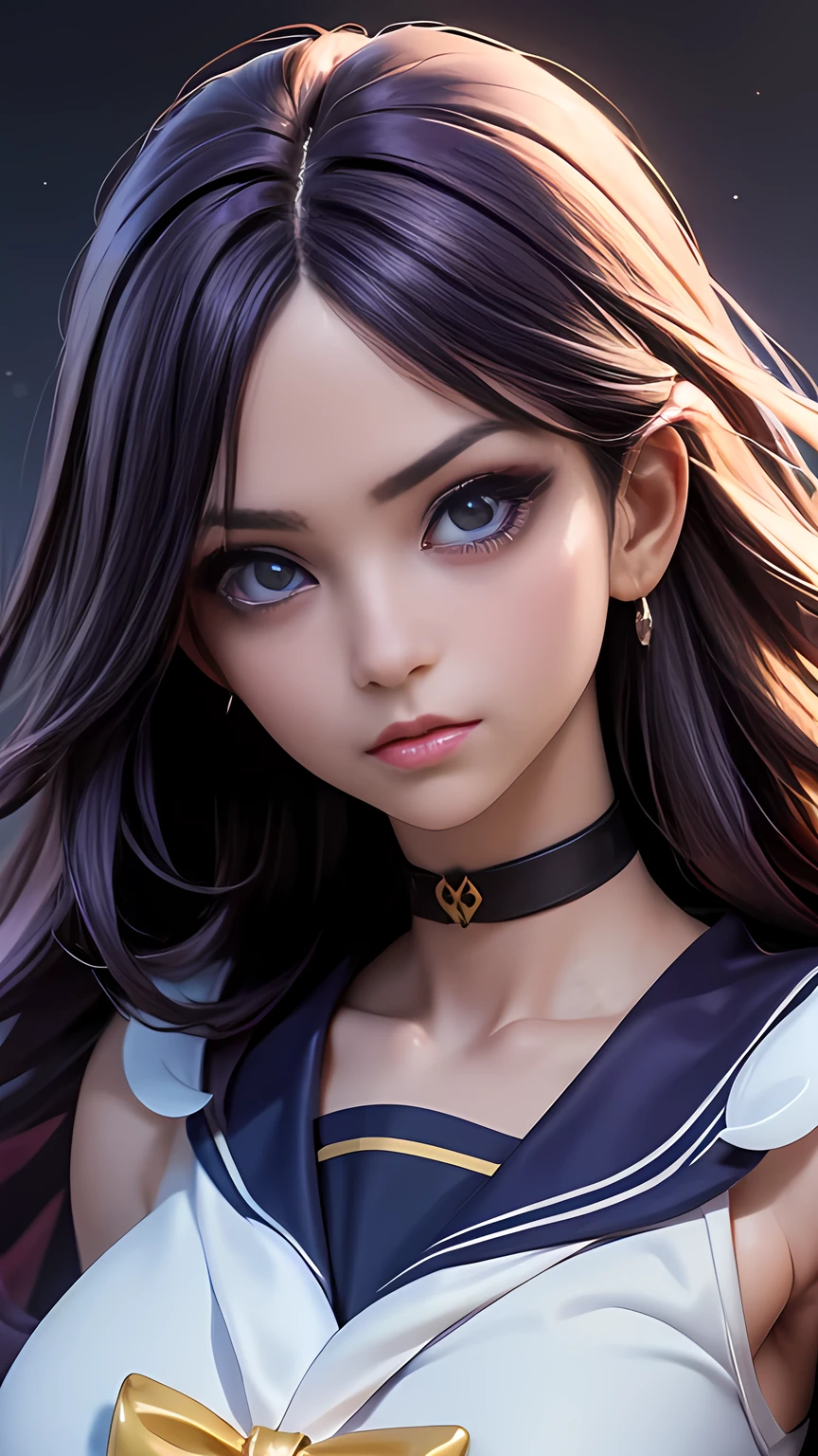 1girl, sailor fuku, sailor saturn, purple hair, long hair, detailed beautiful eyes, detailed beautiful lips, detailed face, detailed anatomy, elegant, graceful, serious expression, intricate details, cinematic lighting, cinematic composition, dramatic shadows, (best quality,4k,8k,highres,masterpiece:1.2),ultra-detailed,(realistic,photorealistic,photo-realistic:1.37),digital painting, concept art, highly detailed, vibrant colors, dramatic lighting, fantasy, magical girl, anime