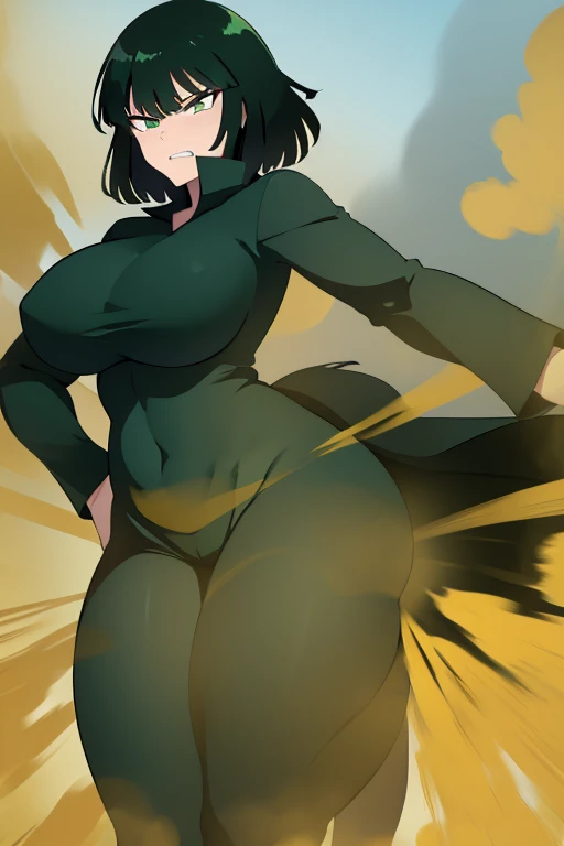 Fubuki, wearing default outfit, dark outfit, default hair, dark green hair, farting, fart, yellow fart, massive fart, velocity, yellow smoke, tall body, clenching teeth, Headquarter, background headquarters