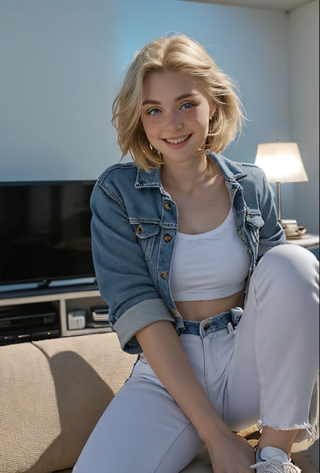 A 21-year-old girl named Kate with short blonde hair, beautiful medium-sized breasts, and a height of 1.60 meters. She has a white British style and light blue eyes. Kate is beautiful, with an angelic face and freckles around her nose. She is wearing light jeans with a denim jacket and a light-colored white t-shirt, along with All Star sneakers. Kate is at home, sitting on her comfortable white leather sofa. In Kate's hand is a remote control for her TV, which she points towards her modern, thin TV mounted on the wall of her very well-lit living room. Kate is happy because she is at home.