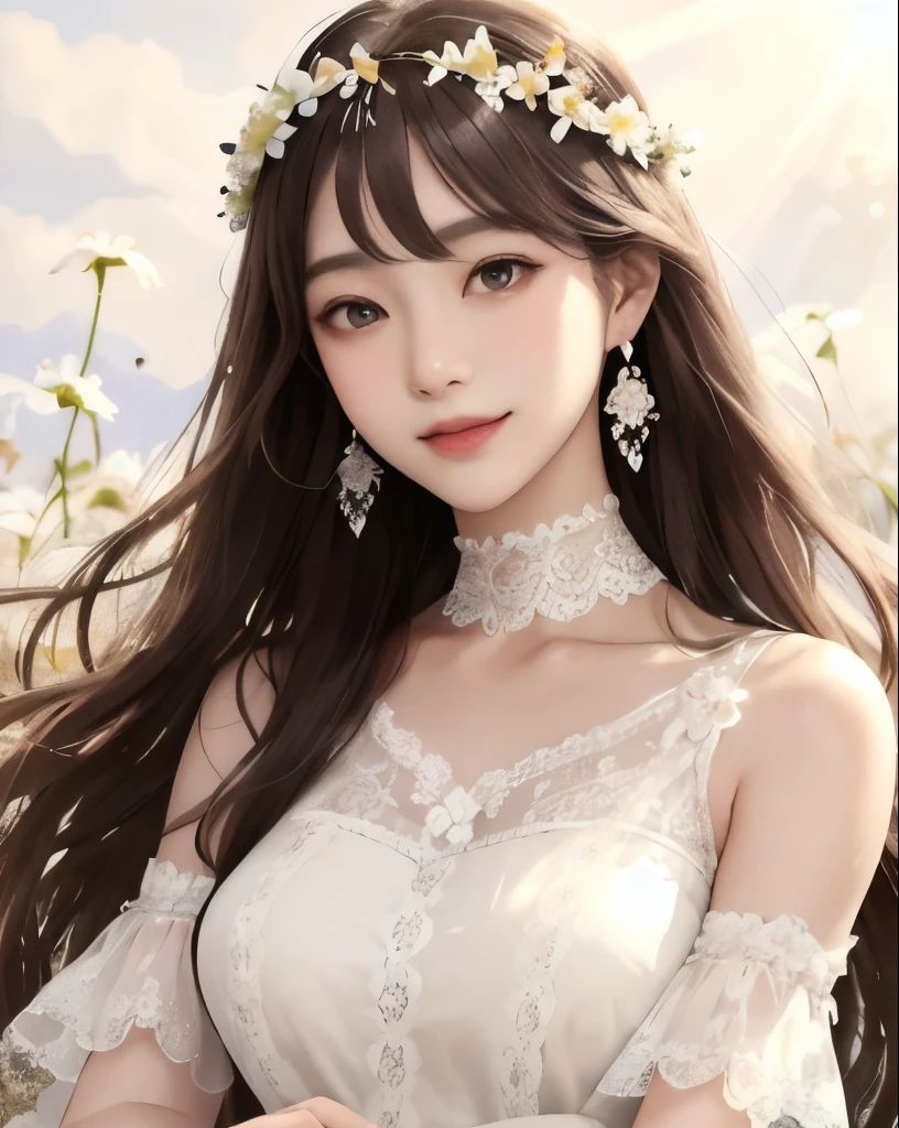 highest quality、masterpiece、
vivid、beautiful girl、1 person、Wide double eyelids、Upper Body、Big eyes、Sepia eyes、Japanese、Long Hair、Brown Hair、((White lace dress、organdy))、Princess、princess、clear、choker、Earrings、Flower Field、sun、Daytime、bright、vivid、Flower crown、Natural smile