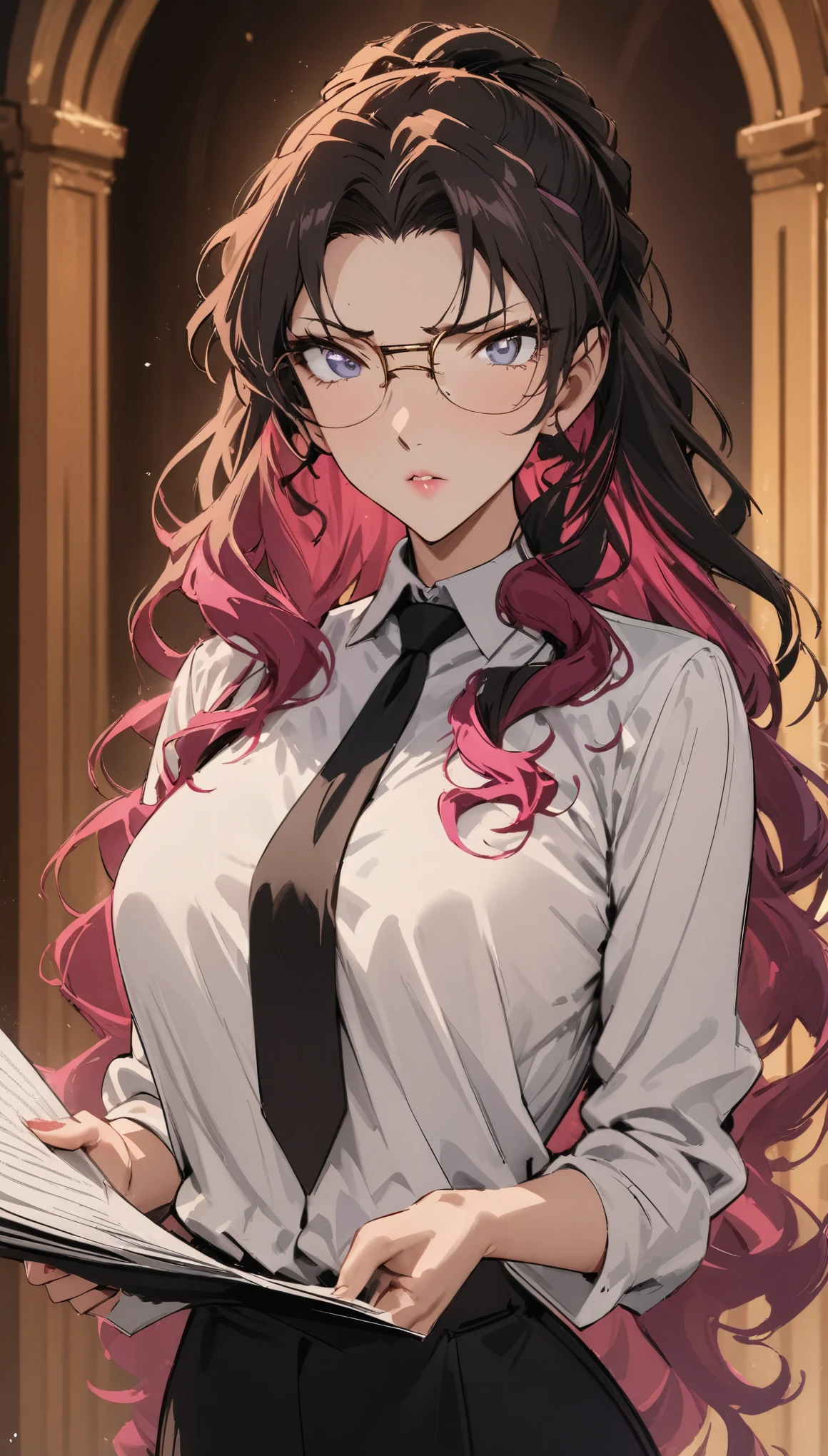 (masterpiece, best quality:1.2),The court background is very detailed, 1 capable woman, Solitary,Exquisite hair color，curls，Gold rimmed glasses，( Wear conservative clothing, White shirt:1.2,Black Tie)Holding an unfolded document in hand, ,radiant skin，（（（Serious expression）））serious，A victorious atmosphere，Pink lips