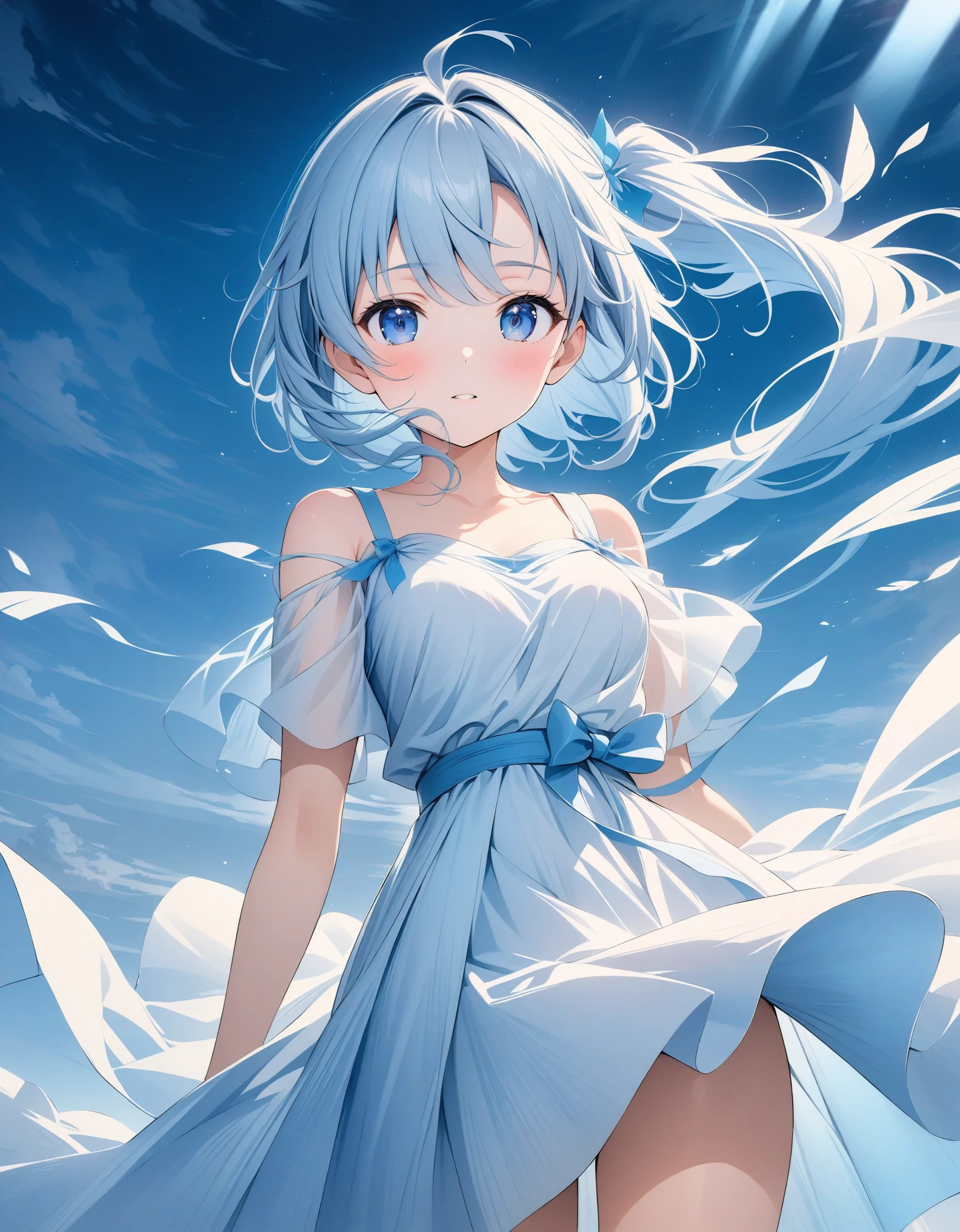 ((style:Colored pencil,pale colour)),(anime)、(masterpiece:1.2),atmospheric perspective,lens flare、(Country in the Sky)、(Princess of the Wind)、Otherworldly fantasy、cute、Hair fluttering in the wind、((A light blue dress with a transparent feel reminiscent of wind.))、Clear blue sky、Light pours down from above、Very mysterious girl、Light effects、Light blue and white gradient hair color、Side Ponytail、Blue Eyes、(A work that visualizes the wind)