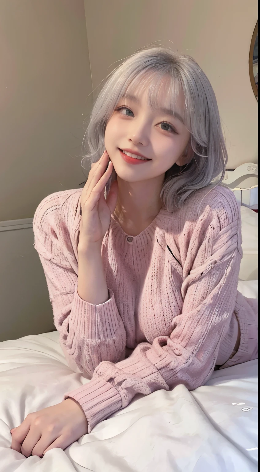 Best image quality、Raw photo、超A high resolution、21 year old Korean、、Dynamic Angle、Cowboy Shot、Chaos in its most beautiful form、elegant、Brutalist Design、Beautiful gray hair、Vibrant colors、Short Bob、smile、fun、smile、Glowing White Skin、Beautiful eyes with random colors、Very thin lips、Beautiful eyes in every detail、Long, narrow eyes、Pale pink blush、Long eyelashes、Beautiful double eyelids、eye shadow、Bright white hair、bed、large summer sweater、lie down、Cute pose、Full body shot、Full body shotする