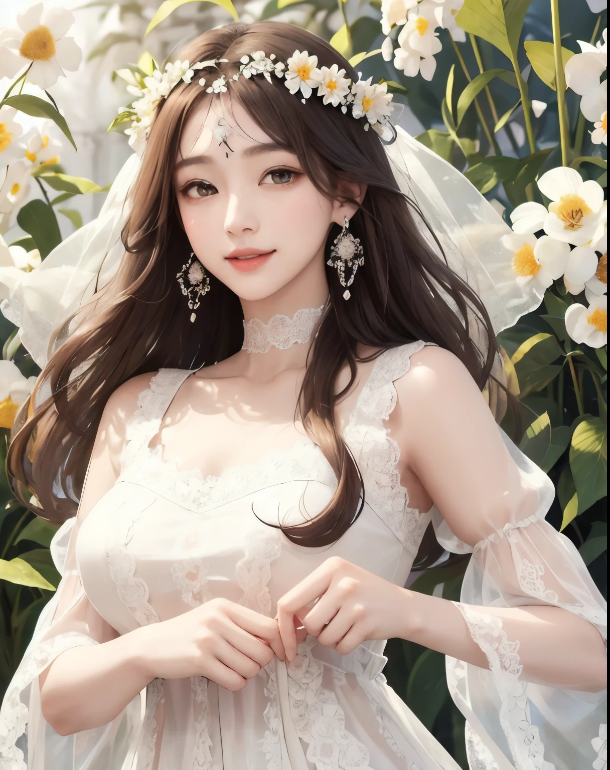 highest quality、masterpiece、
vivid、beautiful girl、1 person、Wide double eyelids、Upper Body、Big eyes、Sepia eyes、Japanese、Long Hair、Brown Hair、((White lace dress、organdy))、Princess、princess、clear、choker、Earrings、Flower Field、sun、Daytime、bright、vivid、Flower crown、Natural smile