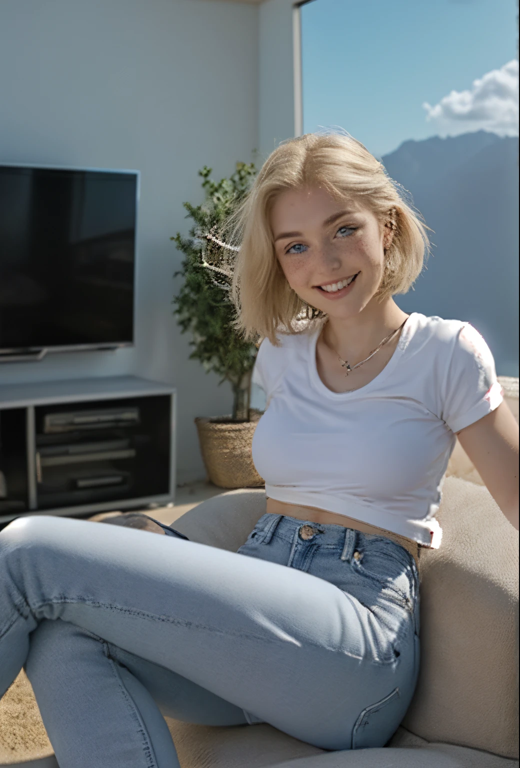 A 21-year-old girl named Kate with short blonde hair, beautiful medium-sized breasts, and a height of 1.60 meters. She has a white British style and light blue eyes. Kate is beautiful, with an angelic face and freckles around her nose. She is wearing light jeans with a denim jacket and a light-colored white t-shirt, along with All Star sneakers. Kate is at home, sitting on her comfortable white leather sofa. In Kate's hand is a remote control for her TV, which she points towards her modern, thin TV mounted on the wall of her very well-lit living room. Kate is happy because she is at home.