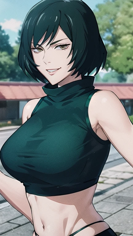 Maki Zenin, bra, evil smile, big chest, big ass, dark green hair, sleevless, croptop, turtleneck