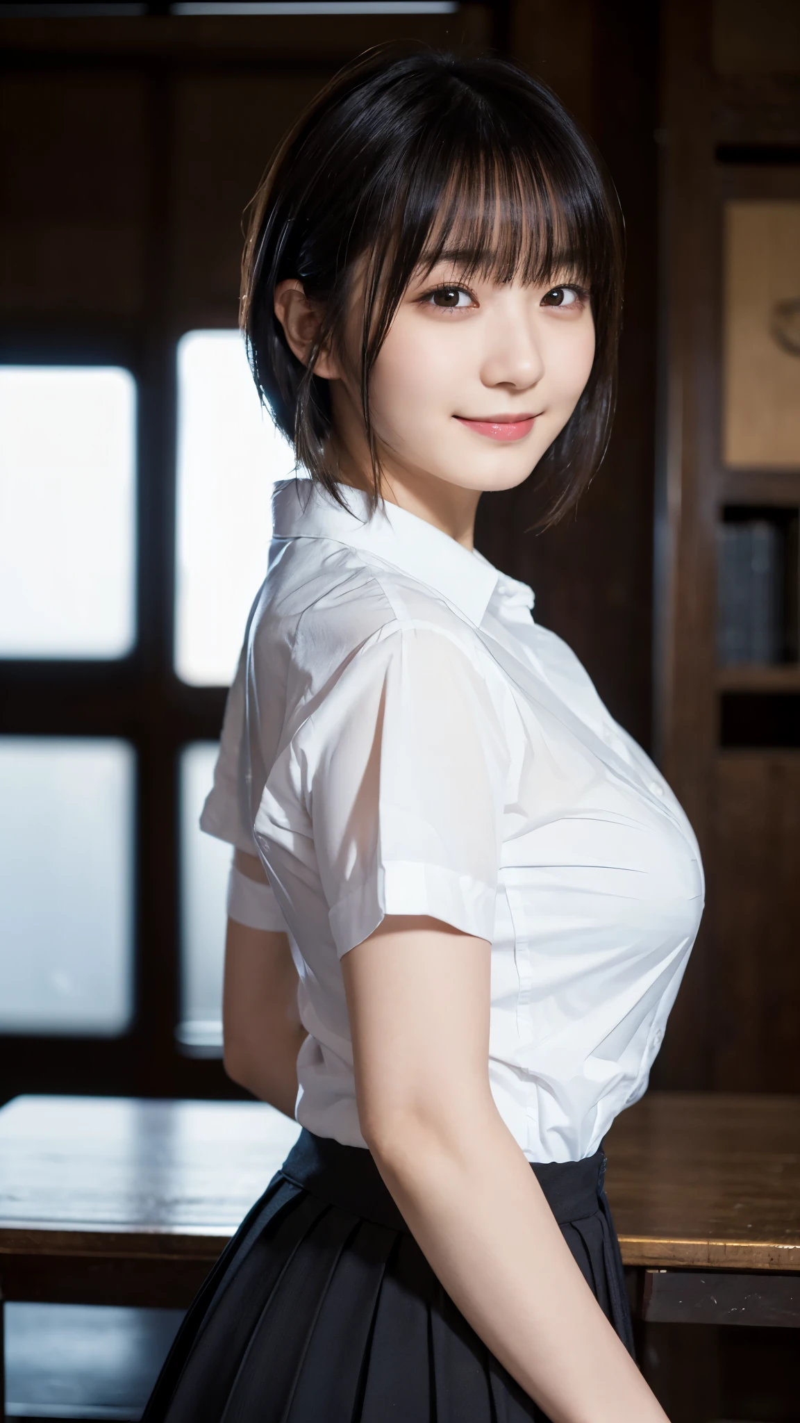 (highest quality,masterpiece:1.3,Ultra-high resolution),(Super detailed,Caustics,8k), (Photorealistic:1.4, RAW shooting),darkness,Night Classroom,Japanese,20-year-old,smile,Black short hair,(White shirt),Big Breasts,Waist up shot