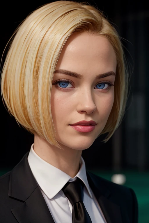masterpiece, high quality, best quality, realistic, fine detail, formal black suit, black necktie, MIBSuit, white shirt, Black Suit, Black Jacket Coat, Formal Look, large breasts, (muscular female:0.8), portrait, upper body, blank background, Agent L, blue eyes, blonde hair, short hair, bob hair, black suit, black jacket