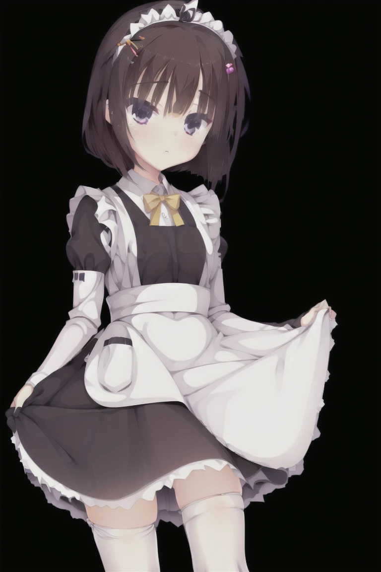 1girl,solo,looking_at_viewer,short_hair,bangs,black_hair,hair_ornament,long_sleeves,white_background,dress,bow,brown_eyes,closed_mouth,standing,full_body,pantyhose,frills,shoes,hairclip,black_footwear,apron,maid,maid_headdress,white_apron,mary_janes,maid_apron,white_pantyhose,expensive_solve, clear_image, expensive_Contrast, 8k, Sparkling, beautiful_detailed_face_and_eye, (Dark Brown Hair:1.25), 白 eye,Black background