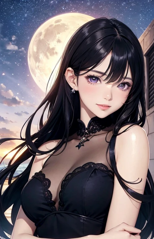 masterpiece、highest quality、High resolution、High-quality images、8k, 1 female、Skin luster、Texture of skin and clothing、Expression of fine eyes、Shiny black hair,Long Hair Girl, Manga inspired by Lee Jong-suk, Trending on deviantart, realism, detailed manga style, Manga art style, Perfect Line Drawing, Beautiful line art, digital manga art girl, K-POPアイドル, dress, Beautiful purple eyes, Fuller lips, Gorgeous face with attention to detail, (Cute Smile), charm, Innocent, Side view, (Perfectly detailed face), (Beautiful Hands) Photorealistic images, Written boundary depth, Half-up hairstyle, シンデレラdress , tiara, cloud,Sky Sky,night ,star, garden,Rose,The skin is delicate,
