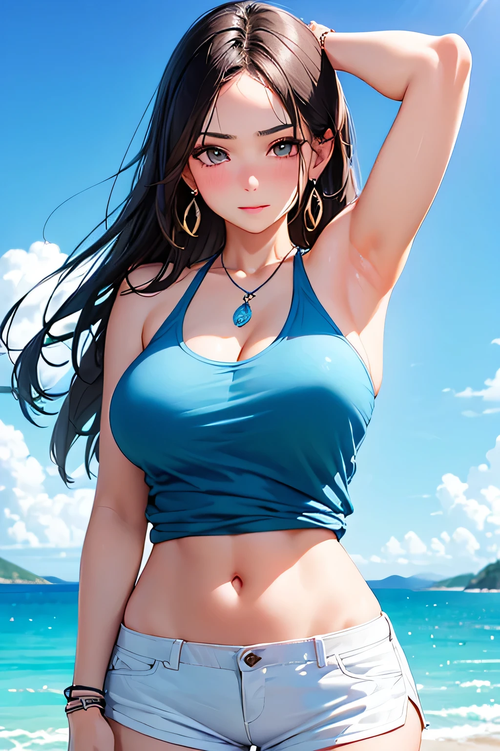 highest quality、High resolution、Detailed Background、(Beautiful face in every detail:1.4)、Anatomically correct、(Detailed facial expressions)、(Detailed eyes:1.2)、(Detailed eyes:1.2)、age beauty、(Highly detailed face:1.4)、Black Hair、Brown Hair、well-groomed eyebrows、(Huge breasts:1.3)、Perfect body line、Attractive upper arms、Very excited、Very embarrassed look、Crying face、Blushing、Attractive look、Highlight your attractive armpits、Poses that show off shoulders and arms、Chest where clothes are about to tear、Clothes that seem to be bursting、
(A girl posing with her armpits exposed, looking at the camera with a shy look on her face:1.5)、
Off-the-shoulder tops and camisoles、Shoulders are exposed、The shoulder line looks beautiful、
Sleeveless blouses and tank tops、Skirts, shorts, etc.、
Dainty necklaces and bracelets、Add some classy touch with earrings etc.、Watches, rings etc.、
Seaside resort、The open atmosphere with the blue sky and sea in the background matches perfectly.、cute