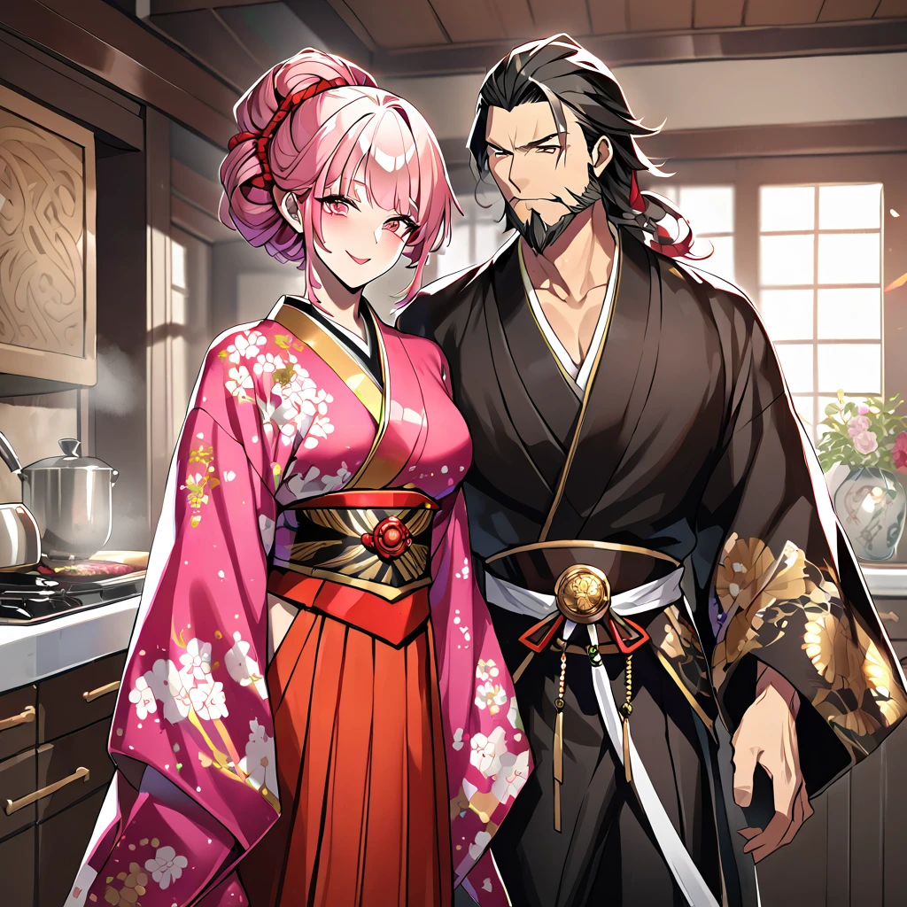 ((highest quality)), ((masterpiece)), (detailed), （Perfect Face）、（The woman is Rena, with short pink hair, tied in a Japanese hairstyle, a flashy courtesan hairstyle, a gentle smile, and is in a luxurious samurai mansion. The woman is in the kitchen of Oda Nobunaga, wearing a gorgeous and glittering courtesan kimono with gorgeous, vivid colors, patterns and embroidery, with her hair in a Japanese hairstyle, and is dressed as a gorgeous, top-class courtesan and wearing luxurious accessories from the Edo period.）、The man and woman are close together, the husband is 60 and the wife is 32.、The man is Oda Nobunaga, a dignified man with a beard, wearing a formal crested hakama.