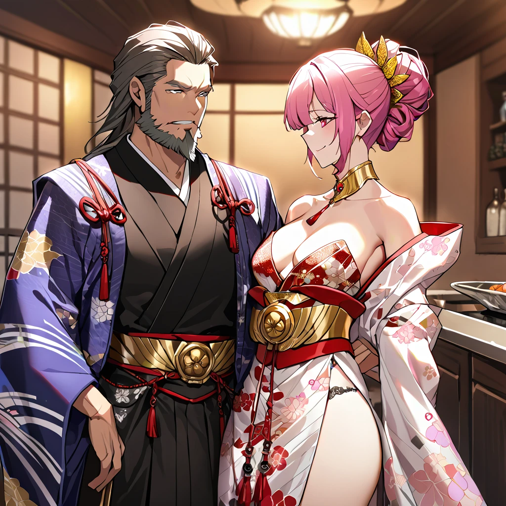 ((highest quality)), ((masterpiece)), (detailed), （Perfect Face）、（The woman is Rena, with short pink hair, tied in a Japanese hairstyle, a flashy courtesan hairstyle, a gentle smile, and is in a luxurious samurai mansion. The woman is in the kitchen of Oda Nobunaga, wearing a gorgeous and glittering courtesan kimono with gorgeous, vivid colors, patterns and embroidery, with her hair in a Japanese hairstyle, and is dressed as a gorgeous, top-class courtesan and wearing luxurious accessories from the Edo period.）、The man and woman are close together, the husband is 60 and the wife is 32.、The man is Oda Nobunaga, a dignified man with a beard, wearing a formal crested hakama.