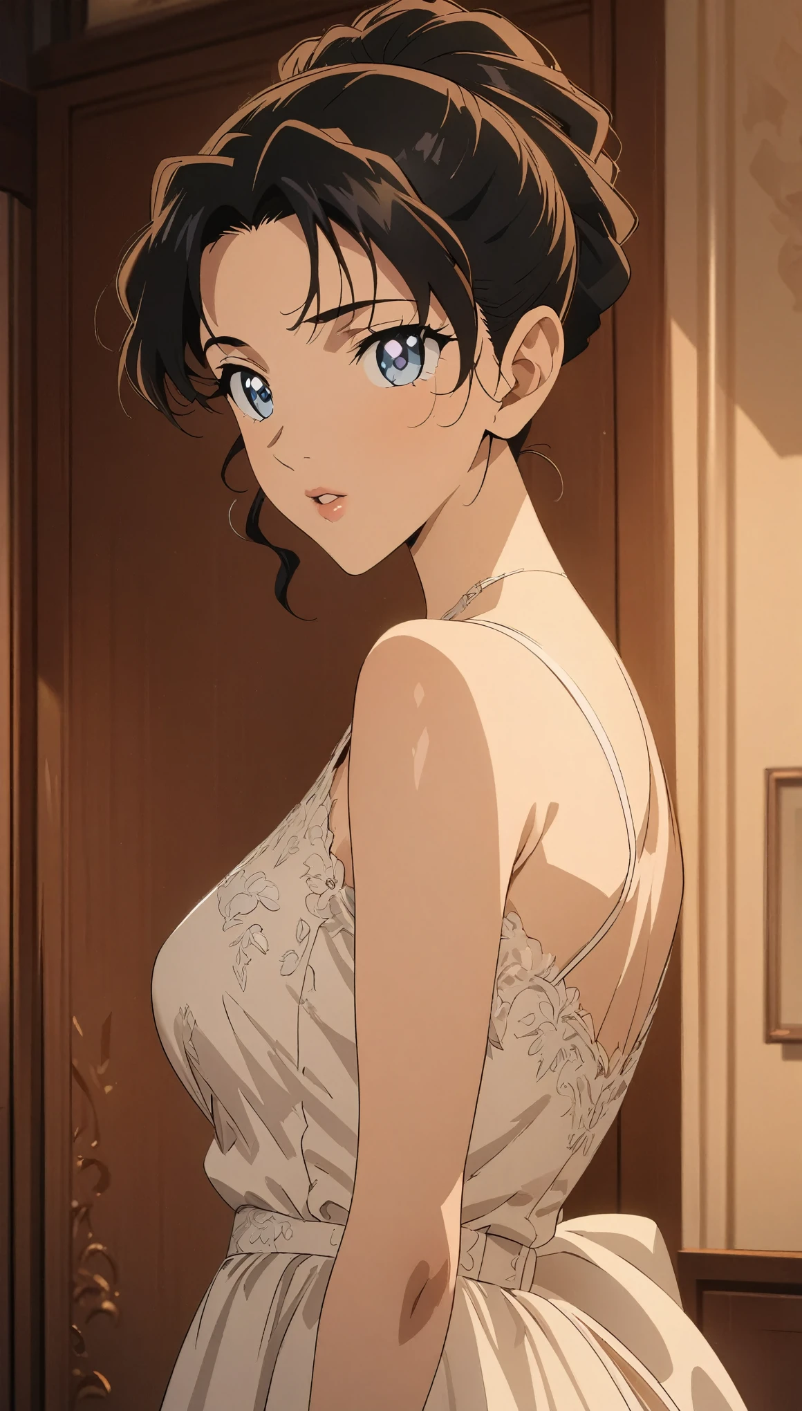 (best quality, High resolution, masterpiece:1.2), black hair, Beautiful woman, delicate eyes, Detailed lips, Dress, Single picture, Anime style