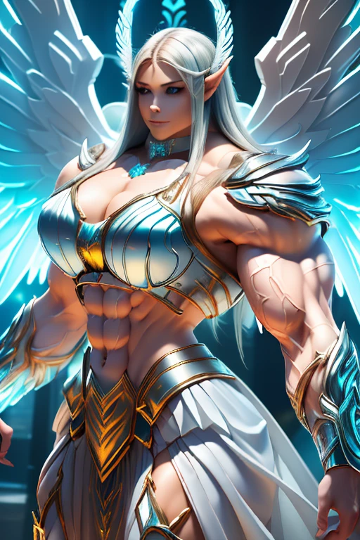 ((((Massive tall, beautiful, buff, pale white skinned muscular angel woman with cyan hair, huge angel wings, ginormous bulky muscles and wearing a beautiful white angel futuristic armor with pleated skirt)))), (close view), massive muscles, massive biceps, hyper muscle shoulders, massive muscle arms, vascular shoulders, hyper muscle triceps, huge angel wings, (long beachy hair), pleated skirt, purple eyes, choker, angel gauntlets, on top of a magical skyscraper in a mystical world, smile, hyper vascular arm, hyper muscles arms, hyper muscle legs, (massive arms).