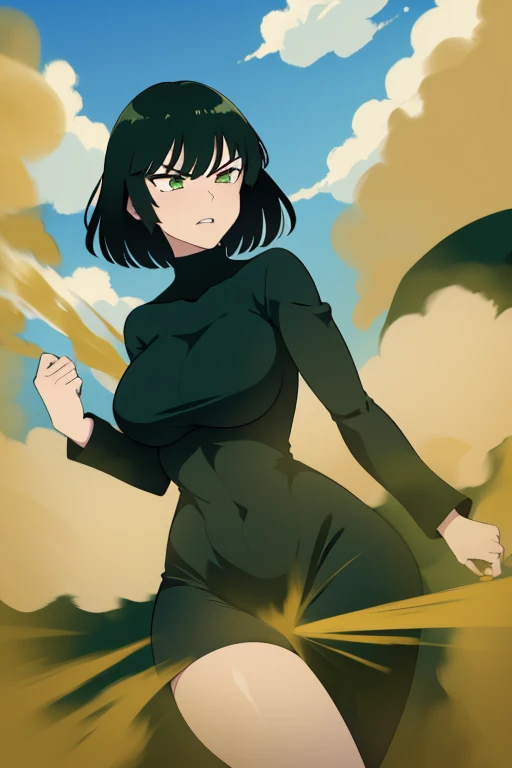 Fubuki, wearing default outfit, dark outfit, default hair, dark green hair, farting, fart, yellow fart, massive fart, velocity, yellow smoke, tall body, clenching teeth, background sky, clouds