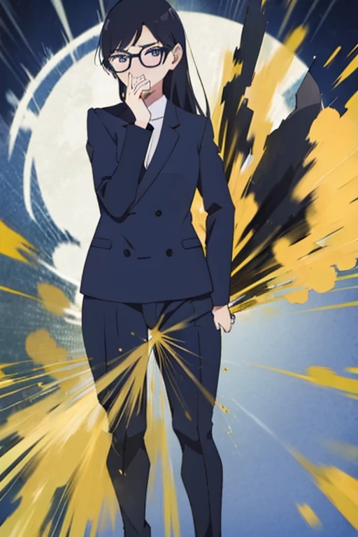 Hizuruminakata, wearing default outfit, black suit, black suitpant, default hair, black hair, farting, fart, yellow fart, massive fart, velocity, yellow smoke, tall body, clenching teeth