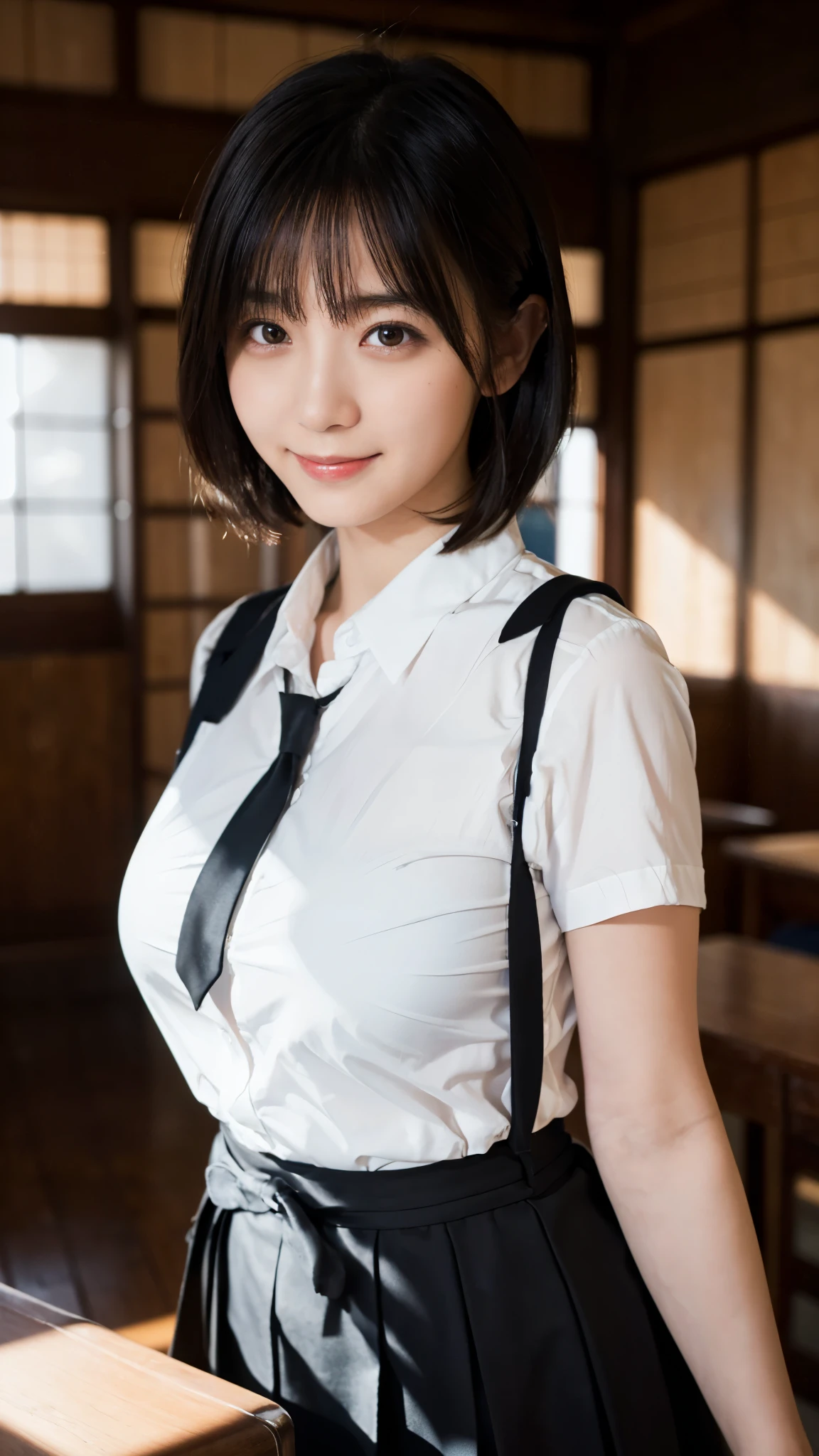 (highest quality,masterpiece:1.3,Ultra-high resolution),(Super detailed,Caustics,8k), (Photorealistic:1.4, RAW shooting),darkness,Night Classroom,Japanese,20-year-old,smile,Black short hair,(White shirt),Big Breasts,Waist up shot