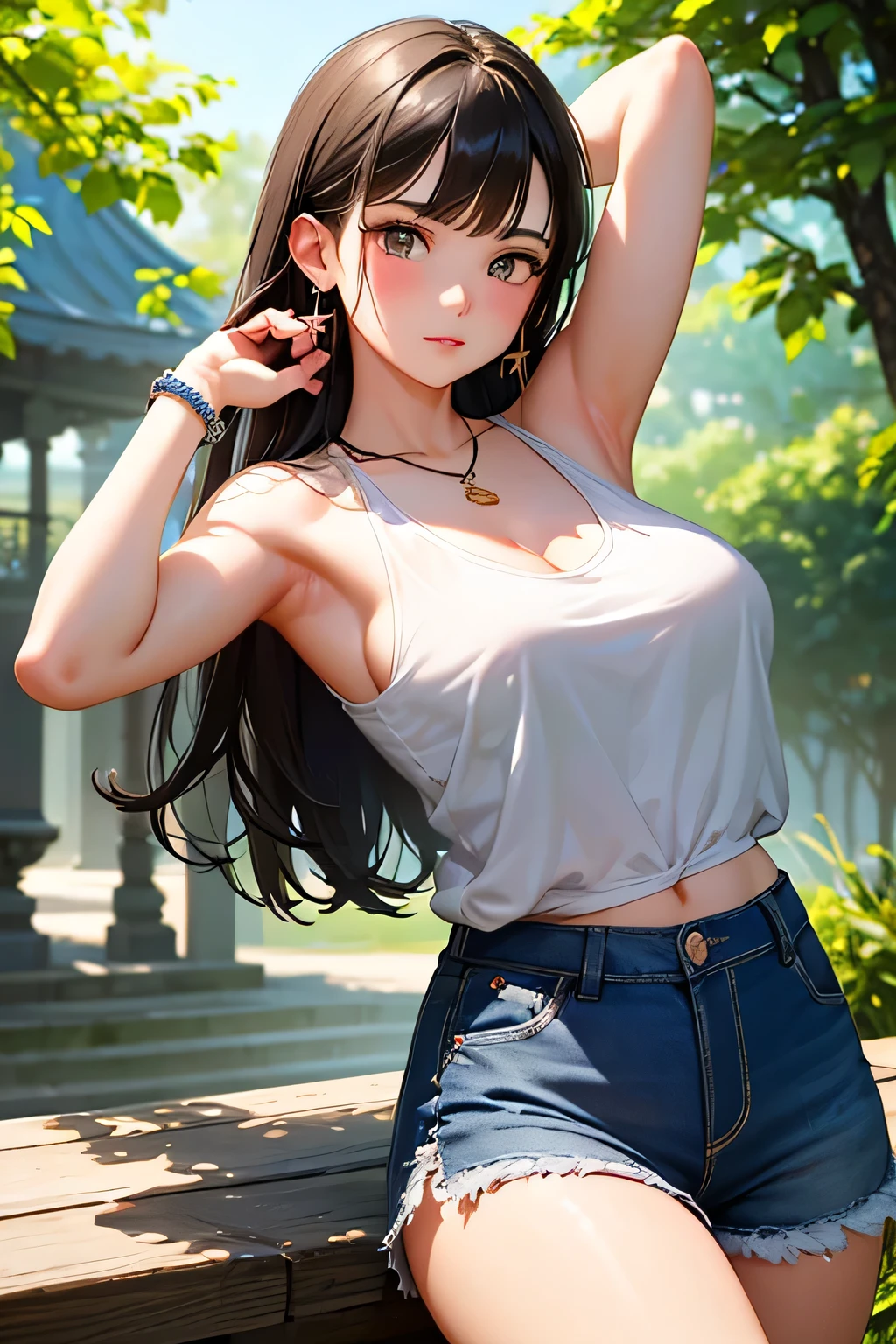 highest quality、High resolution、Detailed Background、(Beautiful face in every detail:1.4)、Anatomically correct、(Detailed facial expressions)、(Detailed eyes:1.2)、(Detailed eyes:1.2)、age beauty、(Highly detailed face:1.4)、Black Hair、Brown Hair、well-groomed eyebrows、(Huge breasts:1.3)、Perfect body line、Attractive upper arms、Very excited、Very embarrassed look、Crying face、Blushing、Attractive look、Highlight your attractive armpits、Poses that show off shoulders and arms、Chest where clothes are about to tear、Clothes that seem to be bursting、

(A girl posing with her armpits exposed, looking at the camera with a shy look on her face:1.5)、

Off-the-shoulder tops and camisoles、Shoulders are exposed、The shoulder line looks beautiful、
Sleeveless blouses and tank tops、Skirts, shorts, etc.、
Dainty necklaces and bracelets、Add some classy touch with earrings etc.、Watches, rings etc.、

Lush parks and gardens、In nature、Elegant atmosphere、cute