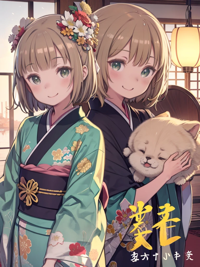 green、kimono、kimono、new year、Flower Hair Ornaments、Laughter、smile、greenの目、Light brown hair、eye shadow、店の前に立つkimonoの衣装を着たアニメの女の子