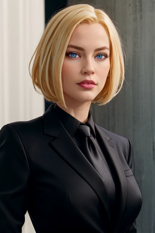 masterpiece, high quality, best quality, realistic, fine detail, formal black suit, black necktie, MIBSuit, white shirt, Black Suit, Black Jacket Coat, Formal Look, large breasts, (muscular female:0.8), portrait, upper body, blank background, Agent L, blue eyes, blonde hair, short hair, bob hair, black suit, black jacket