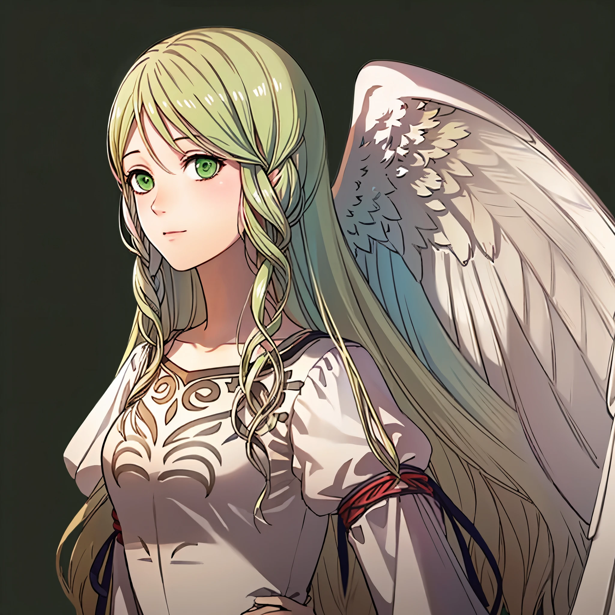 (Simple Background, Green Background:1.3), Masterpiece, solo, 1girl, upper body, leanne, wings, long white dress, pink trim