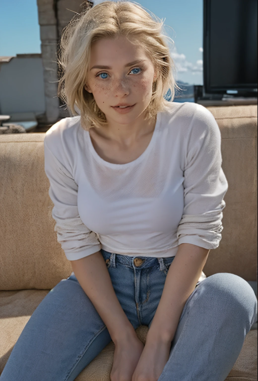 A 21-year-old girl named Kate with short blonde hair, beautiful medium-sized breasts, and a height of 1.60 meters. She has a white British style and light blue eyes. Kate is beautiful, with an angelic face and freckles around her nose. She is wearing light jeans with a denim jacket and a light-colored white t-shirt, along with All Star sneakers. Kate is at home, sitting on her comfortable white leather sofa, watching a suspense movie. Kate is tense while watching the film. In a front-facing photo, she is looking directly at the camera, visibly tense.