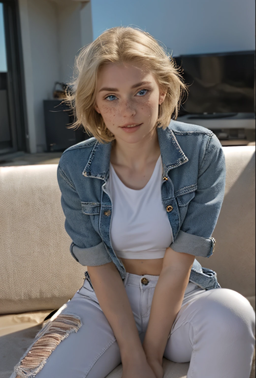 A 21-year-old girl named Kate with short blonde hair, beautiful medium-sized breasts, and a height of 1.60 meters. She has a white British style and light blue eyes. Kate is beautiful, with an angelic face and freckles around her nose. She is wearing light jeans with a denim jacket and a light-colored white t-shirt, along with All Star sneakers. Kate is at home, sitting on her comfortable white leather sofa, watching a suspense movie. Kate is tense while watching the film. In a front-facing photo, she is looking directly at the camera, visibly tense.