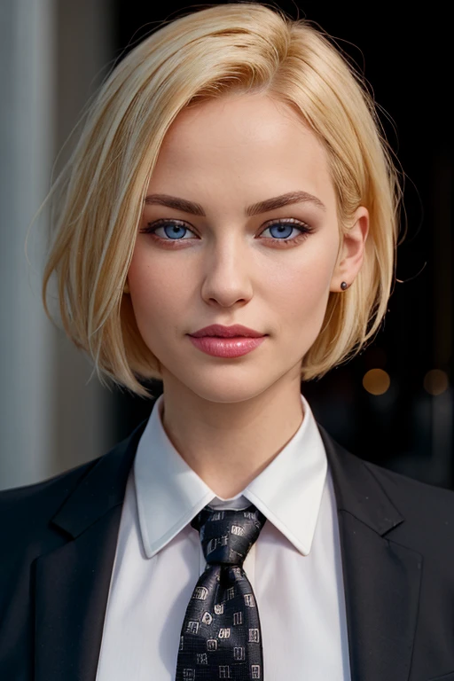masterpiece, high quality, best quality, realistic, fine detail, formal black suit, black necktie, MIBSuit, white shirt, Black Suit, Black Jacket Coat, Formal Look, large breasts, (muscular female:0.8), portrait, upper body, blank background, Agent L, blue eyes, blonde hair, short hair, bob hair, black suit, black jacket
