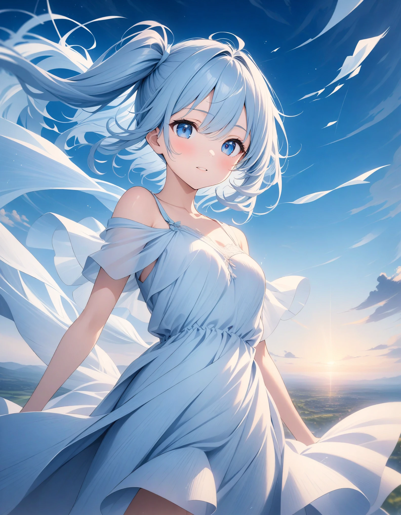 ((style:Colored pencil,pale colour)),(anime)、(masterpiece:1.2),atmospheric perspective,lens flare、(Country in the Sky)、(Princess)、Otherworldly fantasy、cute、Hair fluttering in the wind、((A light blue dress with a transparent feel reminiscent of wind.))、Clear blue sky、Light pours down from above、Very mysterious girl、Light effects、Light blue and white gradient hair color、Side Ponytail、Blue Eyes、((A work that visualizes the wind))