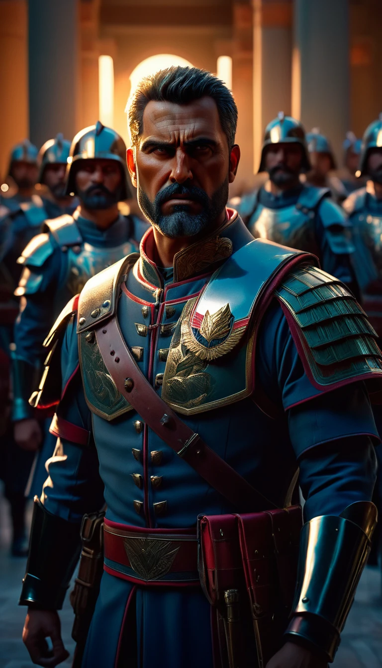 Full body, Darius III, surrounded by his loyal army of guards, detailed face, detailed face expressions, natural face expressions, face in detail, asymmetrical faced, fair and smooth skin, detailed hands, detailed fingers, masterpiece, cinematic lighting, physically based rendering, lens flare, award winning rendering, perfect rendering detail, 8K, realism, detailed background, everything in detail, cinematic shot, dynamic lighting, 75mm, Technicolor, Panavision, cinemascope, fine details, 8k, HDR, realism, realistic, key visual, film still, superb cinematic color grading, depth of field,