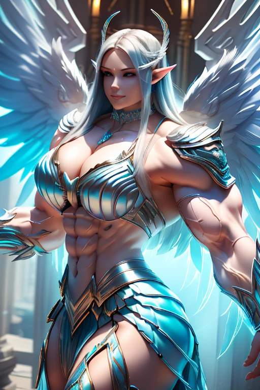 ((((Massive tall, beautiful, buff, pale white skinned muscular angel woman with cyan hair, huge angel wings, ginormous bulky muscles and wearing a beautiful white angel futuristic armor with pleated skirt)))), (close view), massive muscles, massive biceps, hyper muscle shoulders, massive muscle arms, vascular shoulders, hyper muscle triceps, huge angel wings, (long beachy hair), pleated skirt, purple eyes, choker, angel gauntlets, on top of a magical skyscraper in a mystical world, smile, hyper vascular arm, hyper muscles arms, hyper muscle legs, (massive arms).