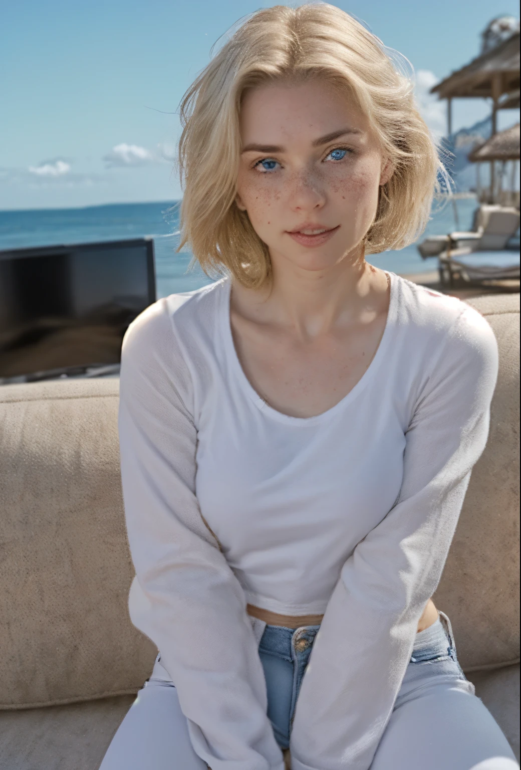 A 21-year-old girl named Kate with short blonde hair, beautiful medium-sized breasts, and a height of 1.60 meters. She has a white British style and light blue eyes. Kate is beautiful, with an angelic face and freckles around her nose. She is wearing light jeans with a denim jacket and a light-colored white t-shirt, along with All Star sneakers. Kate is at home, sitting on her comfortable white leather sofa, watching a suspense movie. Kate is tense while watching the film. In a front-facing photo, she is looking directly at the camera, visibly tense.