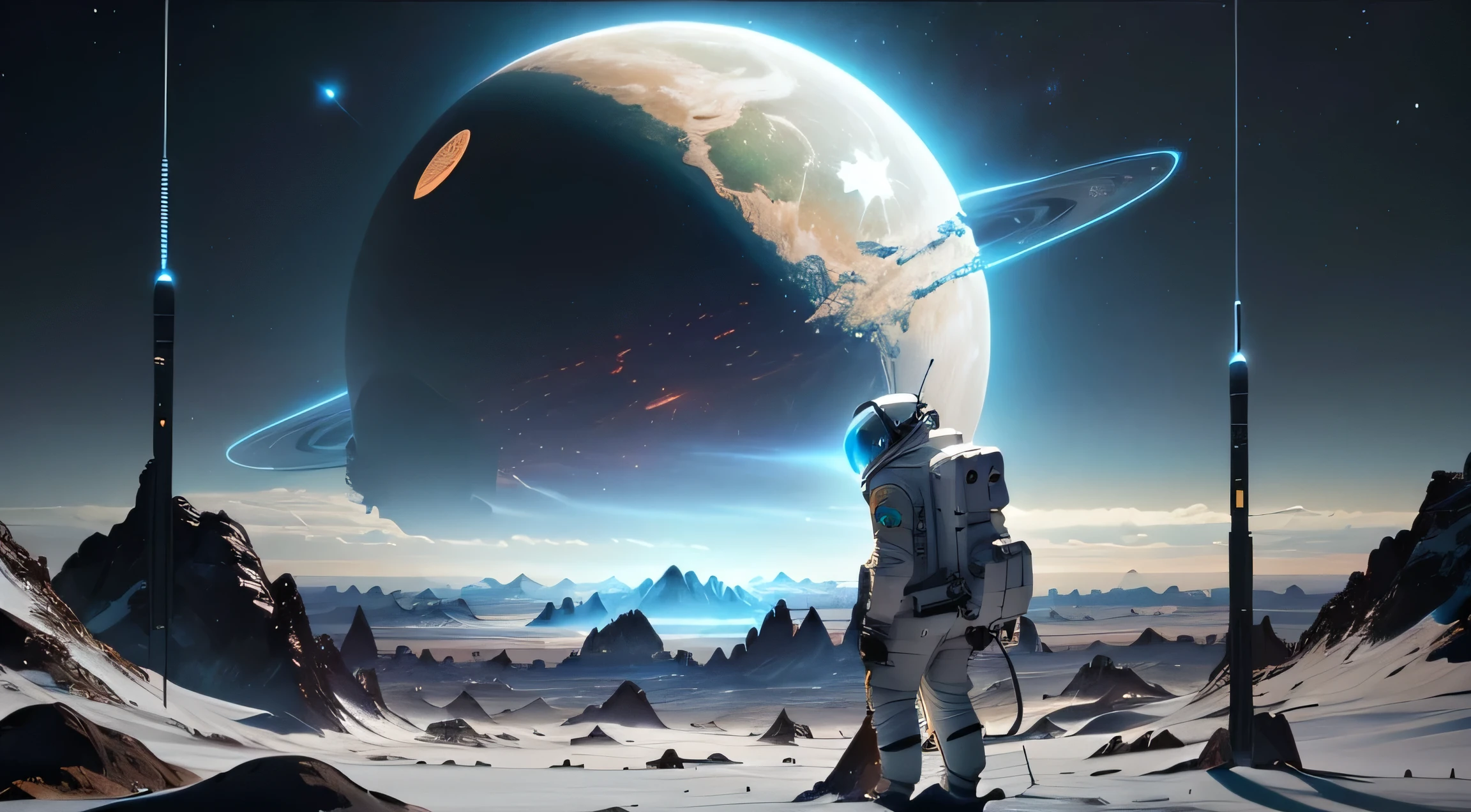 There is a man in a space suit standing on a planet, astronaut stranded on planet, astronaut on the moon, astronaut standing and watching, astronaut lost in liminal space, astronaut standing looking, Looking into space, astronaut, futuristic astronaut, on another planet, Space Landscape, Large planet in the background, Alien Landscape, Alien planet in the distant sky,White background,Remove the planet