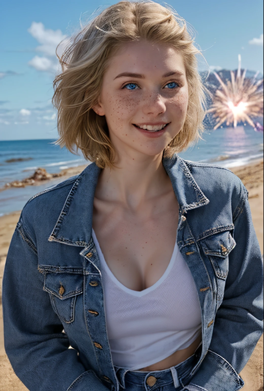 A 21-year-old girl named Kate with short blonde hair, beautiful medium-sized breasts, and a height of 1.60 meters. She has a white British style and light blue eyes. Kate is beautiful, with an angelic face and freckles around her nose. She is wearing light jeans with a denim jacket and a light-colored white t-shirt, along with All Star sneakers. Kate is at the beach on New Year's Eve, looking at the sky. Kate is happy and amazed as she gazes at the beautiful New Year's fireworks in the sky.