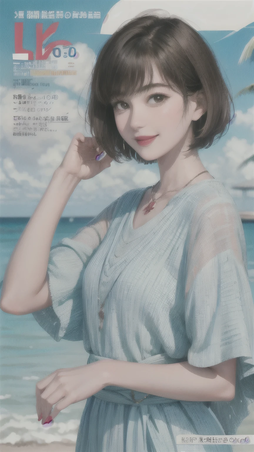 234 20-year-old female, short hair, Summer travel magazine, A kind smile, lipstick, Photo quality