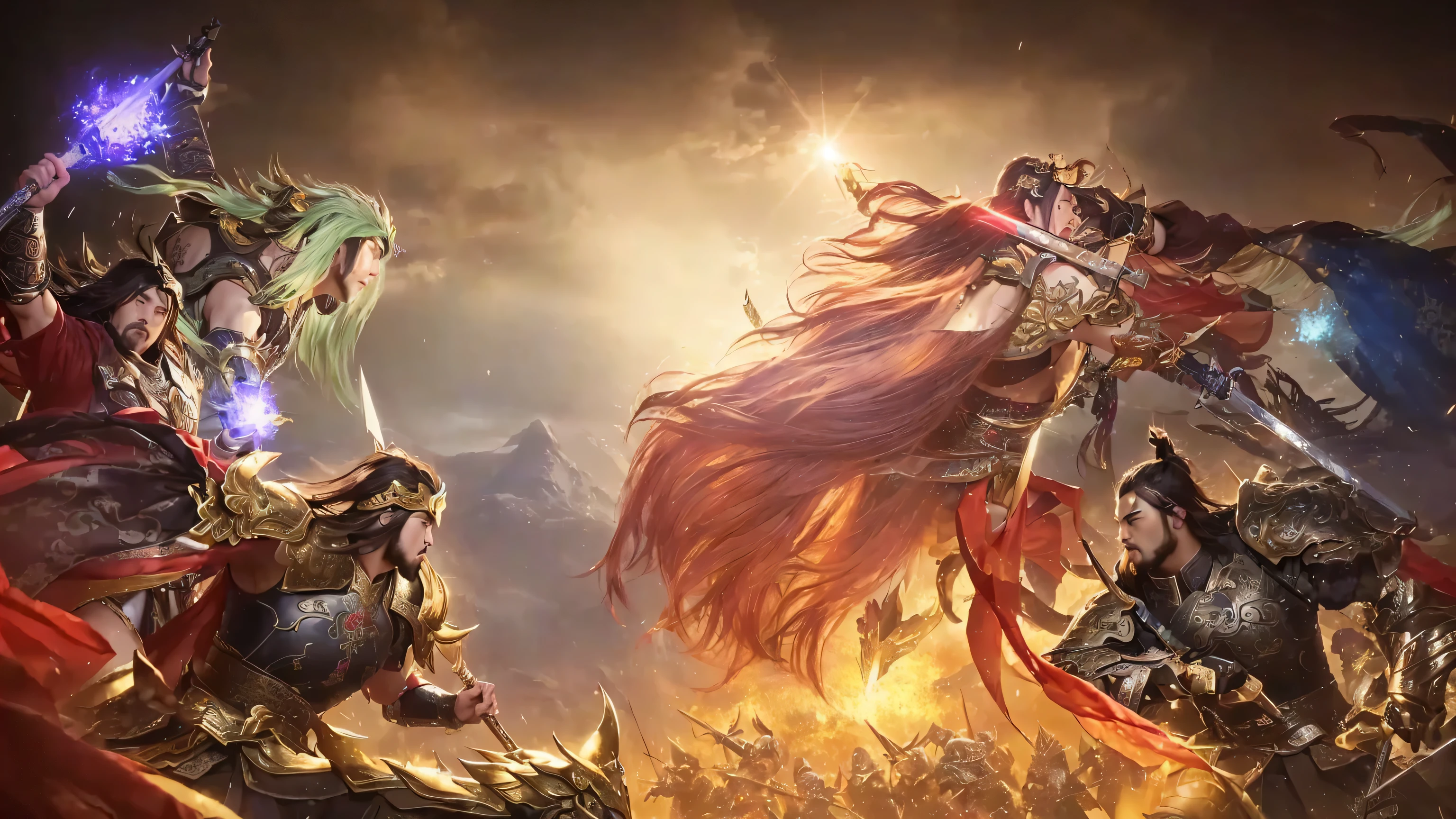 A group of men in armor are fighting with swords, author:Yang Jie, bian lian, g liulian art style, Official ink art, Game CG, 2. 5D CGI anime fantasy artwork, Chinese Fantasy, author:Arthur Pan, China Three Kingdoms, author:Ju Lian, author:Li Kan, cgsociety and fenghua zhong, inspired author:Ju Lian