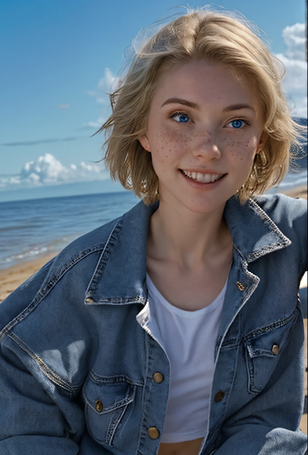 A 21-year-old girl named Kate with short blonde hair, beautiful medium-sized breasts, and a height of 1.60 meters. She has a white British style and light blue eyes. Kate is beautiful, with an angelic face and freckles around her nose. She is wearing light jeans with a denim jacket and a light-colored white t-shirt, along with All Star sneakers. Kate is at the beach on New Year's Eve, looking at the sky. Kate is happy and amazed as she gazes at the beautiful New Year's fireworks in the sky.