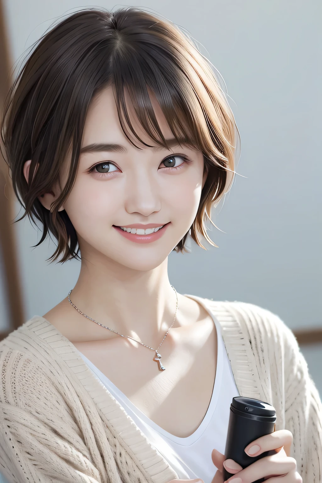 205 ((short hair)), 20-year-old female, In underwear、cardigan、Open your mouth、smile、Beautiful teeth alignment、Black Hair、ear piercing、Necklace around the neck、Looking into the camera, Waiting for the start