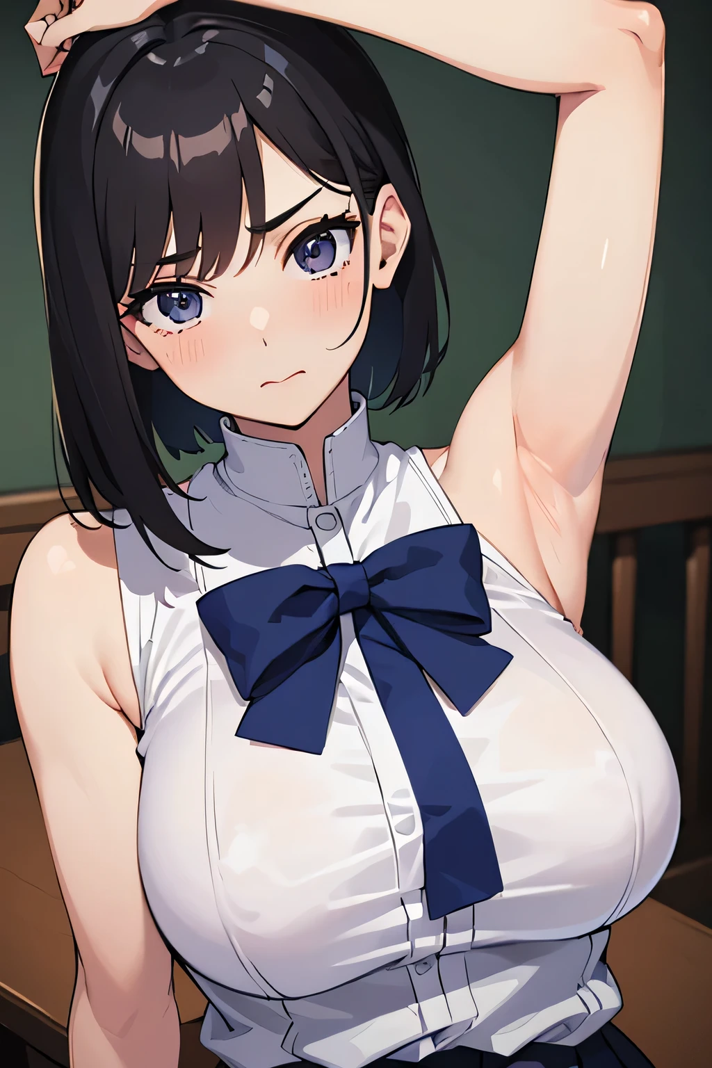 highest quality、High resolution、Detailed Background、(Beautiful face in every detail:1.4)、Anatomically correct、(Detailed facial expressions)、(Detailed eyes:1.2)、(Detailed eyes:1.2)、Teenage beauty、(Highly detailed face:1.4)、Black Hair、Brown Hair、well-groomed eyebrows、(????????????:1.3)、ponytail、Bobcut、cute hairstyle、Perfect body line、Attractive upper arms、Very excited、Very embarrassed look、Crying face、Blushing、Attractive look、Highlight your attractive armpits、Poses that show off shoulders and arms、????? where clothes are about to tear、Clothes that seem to be bursting、

(A girl posing with her armpits exposed, looking at the camera with a shy look on her face:1.5)、

School classroom、Sit at a desk、JK Uniform、White sleeveless blouse、Navy blue pleated mini skirt、White Pantyhose、cute